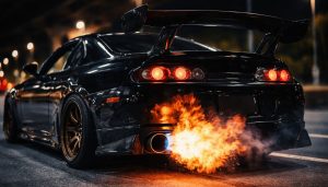 Voiture de sport modifiée flamboyante de nuit